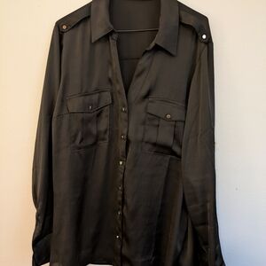 Black Satin Button-Up Shirt With Hexagon Buttons